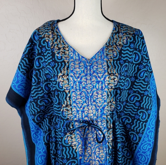 J. Gee Blue Paisley Gold Leopard Print Tie Waist Casual Comfort Maxi Dress - Picture 2 of 10